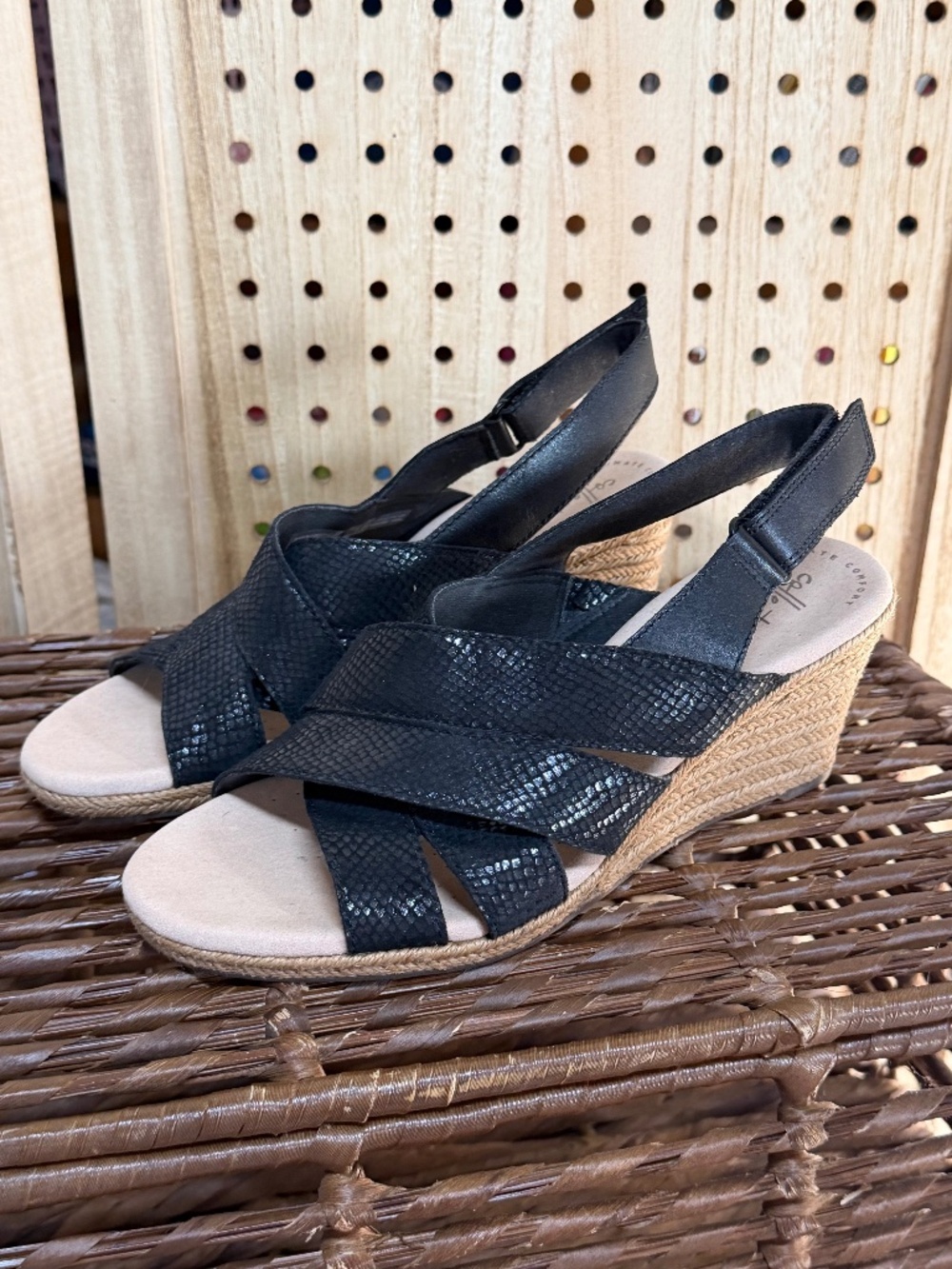 Clarks Collection Lafley Krissy Black Metallic Snake Print Espadrille Wedge Sand